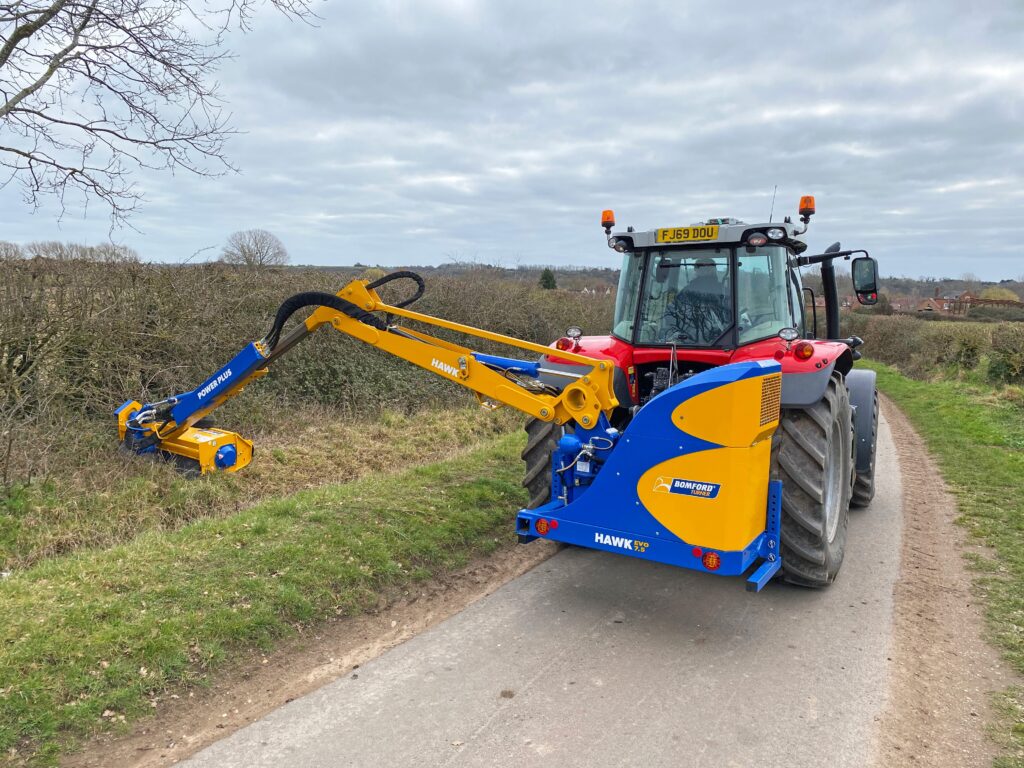 Image of the Hawk Evo 7.5P Power Plus reach arm mower by Bomford Turner. The mower features a robust design with a 7.5m reach